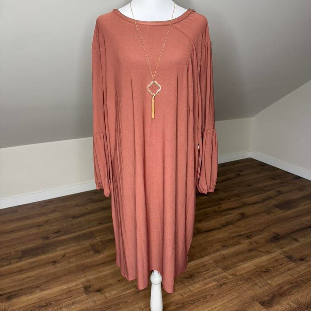 Dusty Rose Boho Midi Dress with necklace Cottagecore Balloon Sleeve Plus Sz 2X
